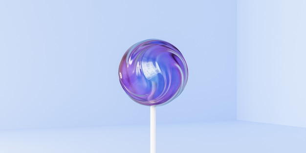 Caramelo dulce lollipop brillante en palo, banner azul pastel, render 3d