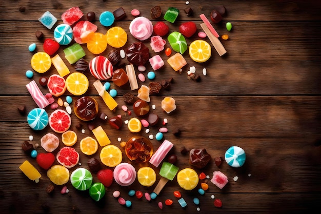 Foto caramelo duro dulce composición plana con espacio libre para copiar fondo de madera vieja