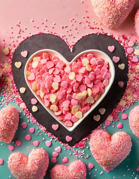 Caramelo em forma de coração corações cor-de-rosa fundo de bolos espalhados em plano com valentines de cópia de espaço