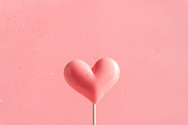 Caramelo de paleta de forma de corazón de San Valentín rosa sobre fondo de papel pastel vacío Concepto de amor