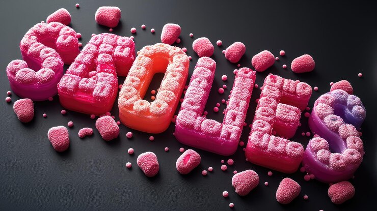 Foto caramelo rosa con la palabra amor escrita en rosa