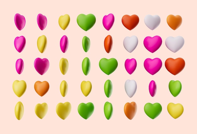 Caramelos de azúcar en forma de corazón Caramelos multicolores en forma de corazón 3d sobre fondo de melocotón Ilustración 3d