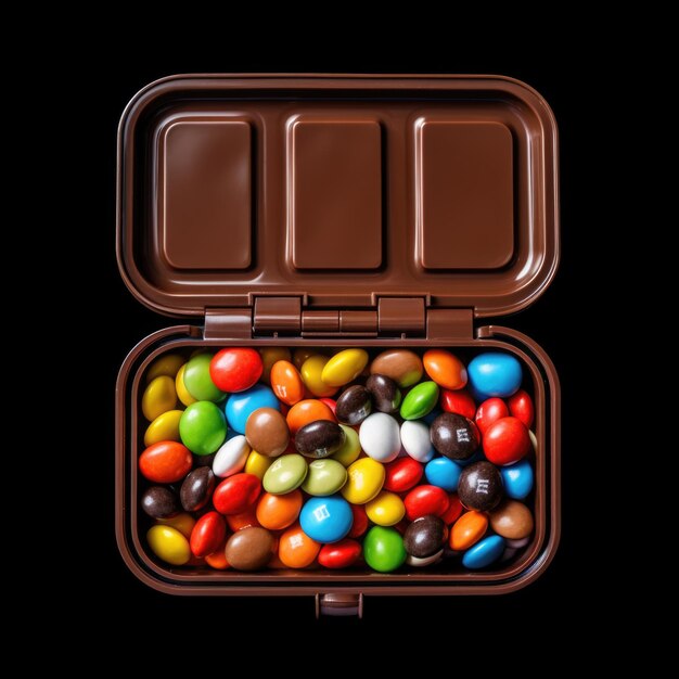 Caramelos de chocolate en una caja de almuerzo vista superior aislados en fondo blanco IA generativa
