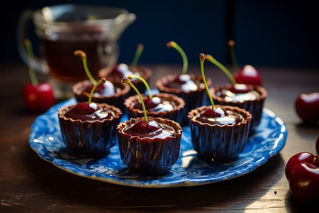 Foto caramelos de chocolate con cerezas en el fondo oscuro de la mesa