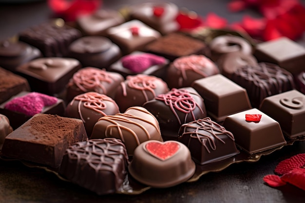 Caramelos de chocolate con corazones rojos en fondo de madera oscura Día de San Valentín