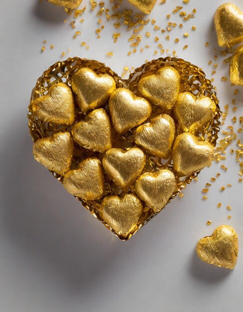 Caramelos de chocolate en forma de corazón dorados en un fondo blanco vista superior