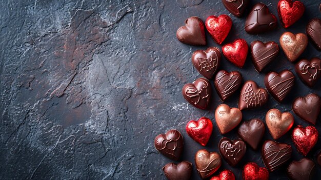 Caramelos de chocolate en forma de corazón en un fondo de piedra de graffiti Vista superior con espacio para copiar