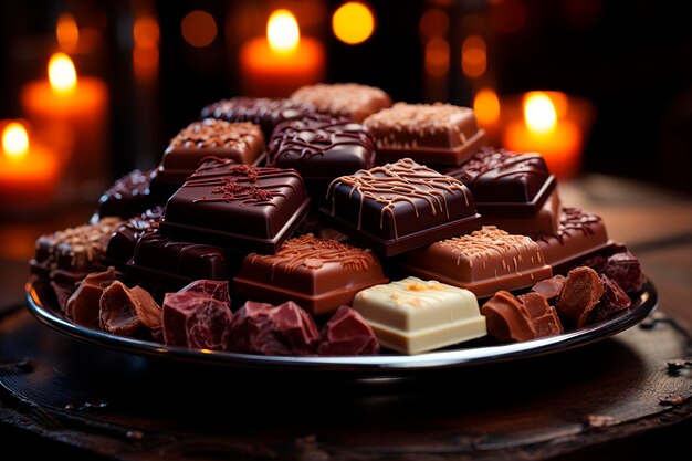 Caramelos de chocolate en una mesa de madera