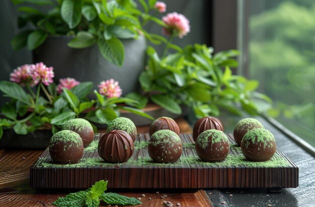 Caramelos de chocolate en una tabla de madera