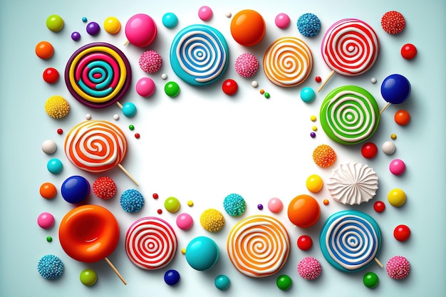 Caramelos de colores dulces y piruletas con espacio para la vista superior de sus saludos