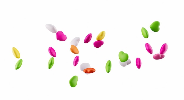 Caramelos de colores en forma de corazón volando sobre fondo blanco ilustración 3d