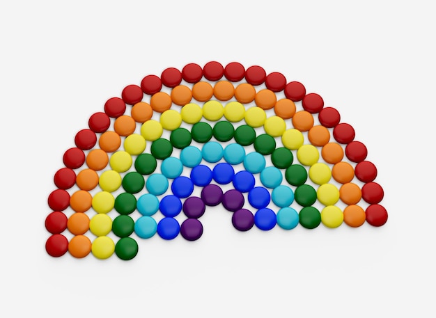 Caramelos de colores haciendo arco iris sobre fondo blanco ilustración 3d