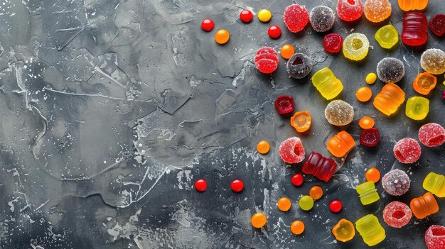 Caramelos coloridos, jalea y mermelada sobre un fondo de piedra Vista superior con espacio para copiar