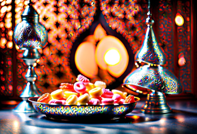 Caramelos de concepto de Ramadán en la placa de zinc árabe