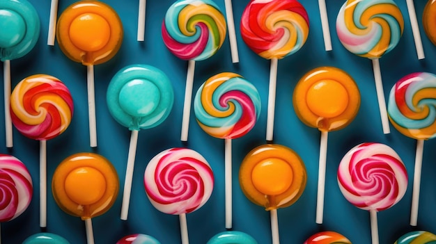 Caramelos y dulces de colores piruletas de color arco iris en espiral Ilustración generativa de IA