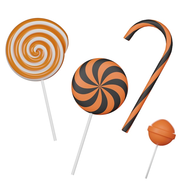 Caramelos y dulces coloridos de Halloween en fondo blanco Renderización de ilustración 3D Tiene ruta de recorte