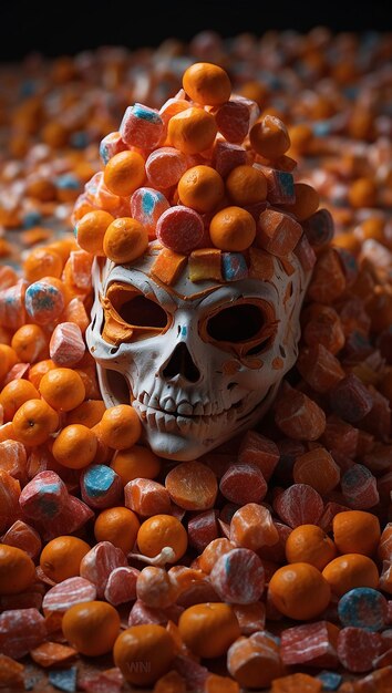 Caramelos y dulces de Halloween sobre un fondo oscuro