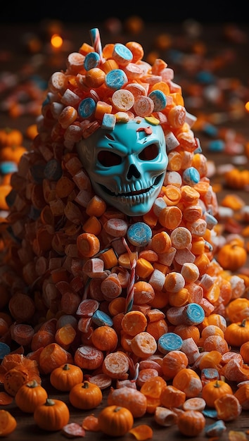 Caramelos y dulces de Halloween sobre un fondo oscuro