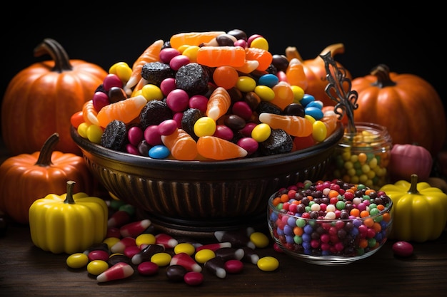 Caramelos y dulces de Halloween sobre un fondo oscuro