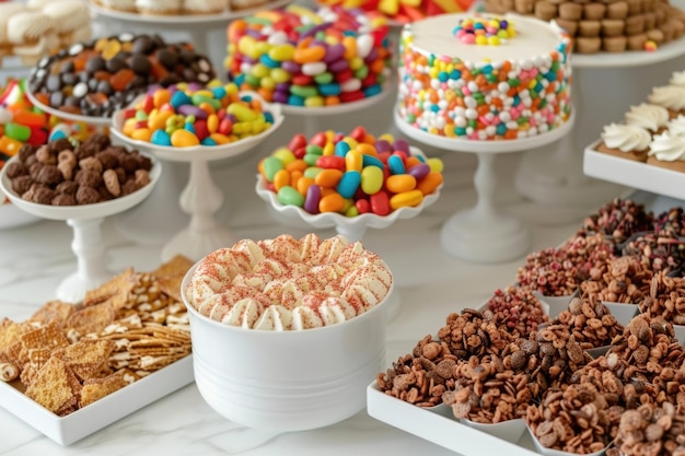 Caramelos e bolos variados na mesa de sobremesas Close-up de uma barra de doces para festa