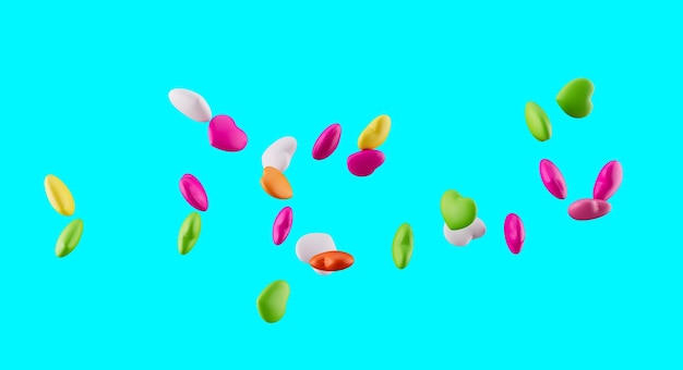 Caramelos de forma de corazón coloridos 3d Caramelos de azúcar de arco iris 3d cayendo sobre fondo cian Ilustración 3d