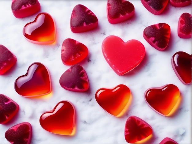 caramelos en forma de corazón corazones de amor de goma roja en el suelo blanco de nieve de invierno pareja de amor valentín