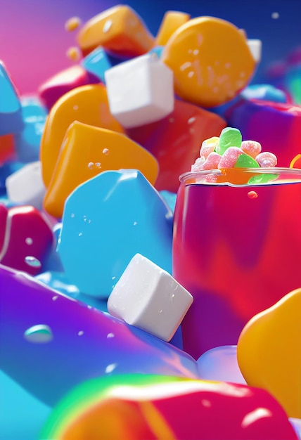 Caramelos de jalea dulce piruletas y marshmallow concepto de fiesta de postre Ilustración 2D