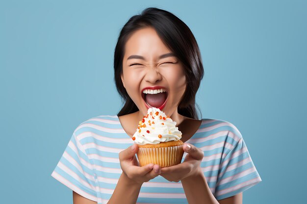 Caramelos de pastelería y panadería de cerca de una mujer asiática sonriente mordiendo pastel con alegría de pie aislado o