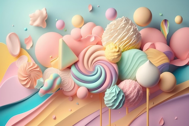 Caramelos y piruletas de colores dulces parecen renderización 3D Ilustración generativa para el diseño de fiestas de tarjetas cartelera cartelera publicidad