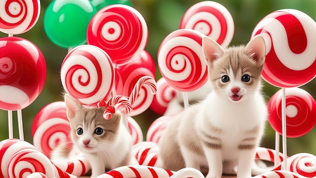 Caramelos de regaliz a rayas rojas y blancas y divertidos animales esponjosos imagen infantil fabulosa