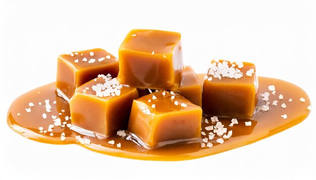 Caramelos salgados em molho de caramelo de leite com cristais de sal isolados em fundo branco