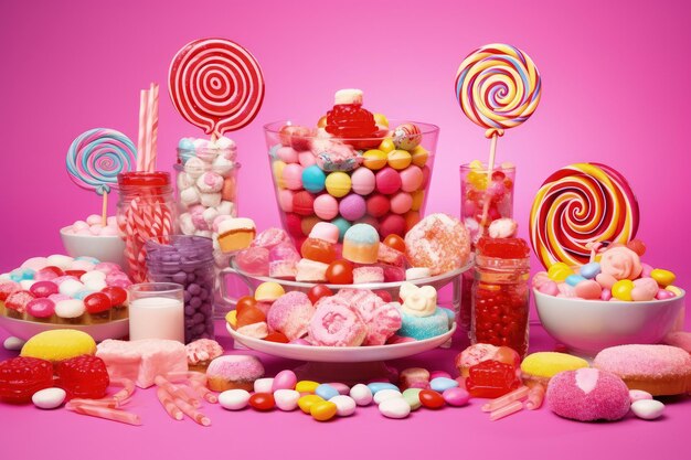 Caramelos variados con gelatina de azúcar y colores vibrantes mostrados sobre una superficie rosa