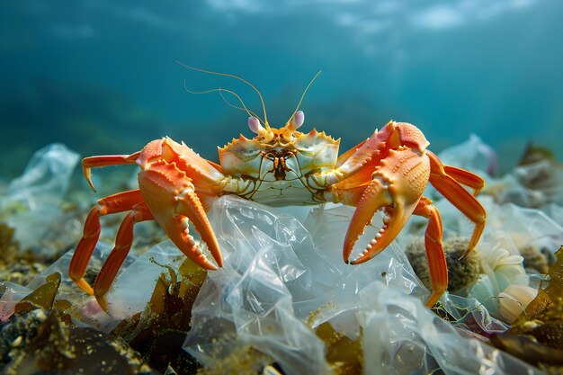 Caranguejo de aquário em Ocean Academia com sacos de plástico