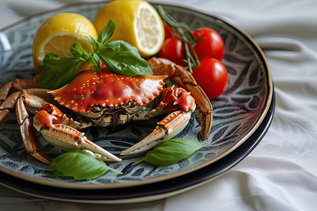 Caranguejo num prato com tomates e limão