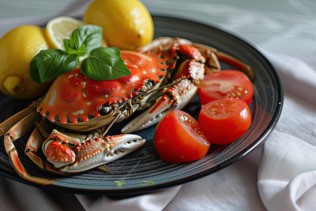 Caranguejo num prato com tomates e limão