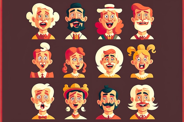 Caras de personagens de desenhos animados e quadrinhos retrô