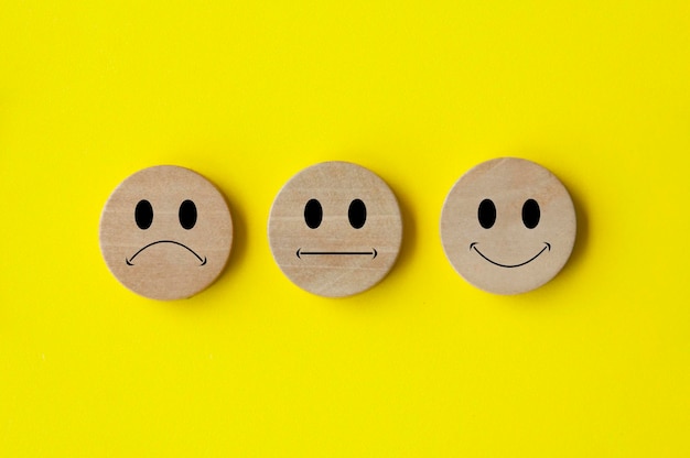 Caras de emoticonos felices, tristes y neutrales en círculo de madera con cubierta de fondo amarillo Concepto de evaluación y satisfacción de comentarios del cliente