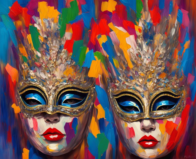 caras ilustradas con pintura abstracta máscaras de carnaval IA generativa