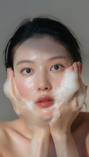 Las caras de las mujeres asiáticas se embellecen con caras de cosméticos para la publicidad