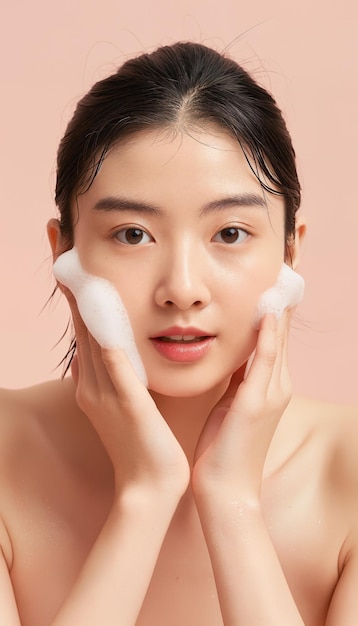 Las caras de las mujeres asiáticas se embellecen con caras de cosméticos para la publicidad