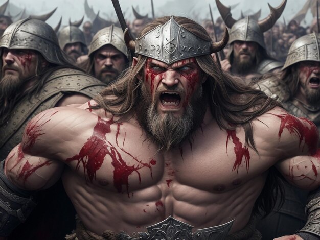 Caras musculosas del ejército vikingo cubiertas