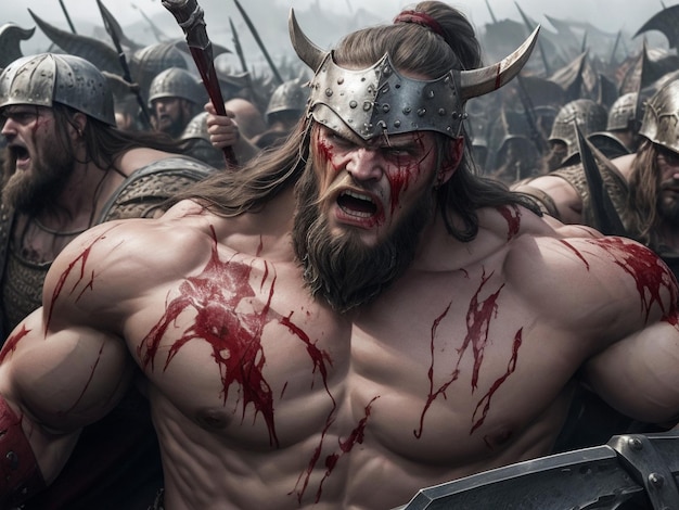 Caras musculosas del ejército vikingo cubiertas