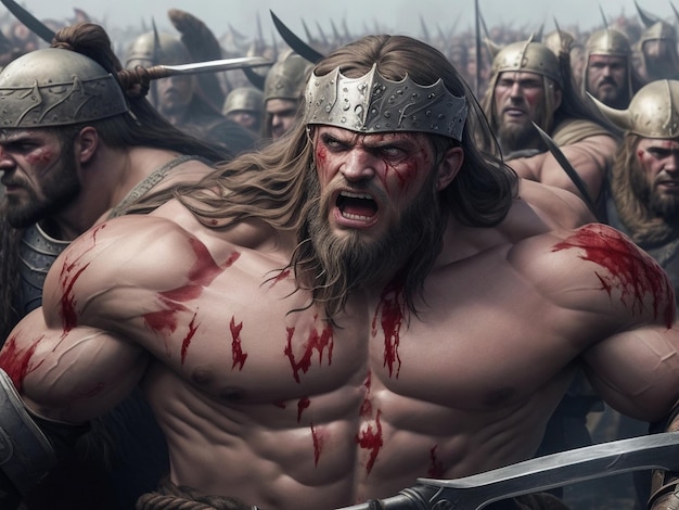 Caras musculosas del ejército vikingo cubiertas