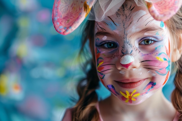 Las caras pequeñas se iluminan con el espíritu de Pascua Los niños muestran sus pinturas de cara de conejo y huevo