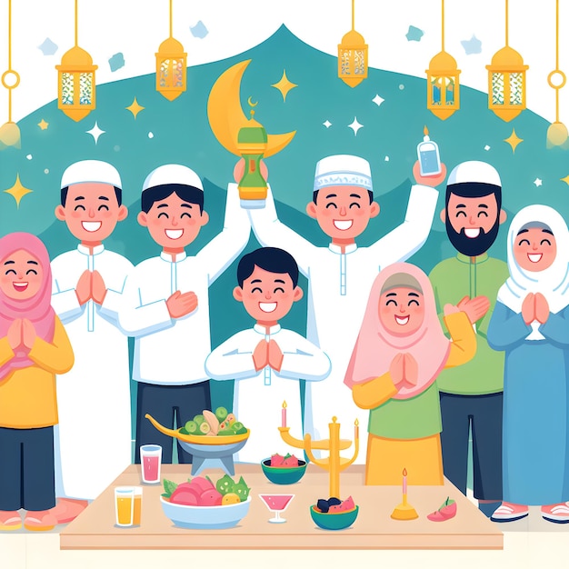 Las caras sonrientes se reúnen en esta ilustración que muestra la alegría comunitaria de las celebraciones del Ramadán