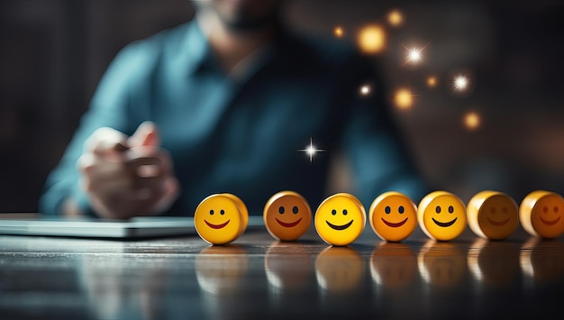 Caras sonrientes sobre una mesa de madera con un hombre usando una tableta