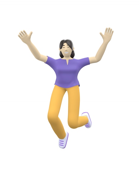 Caráter da rendição 3D de uma menina asiática que salta e que dança mantendo suas mãos.