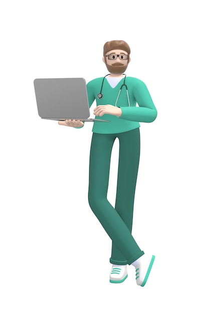 Caráter médico Médico jovem branco de terno segurando um laptop. Pessoa dos desenhos animados