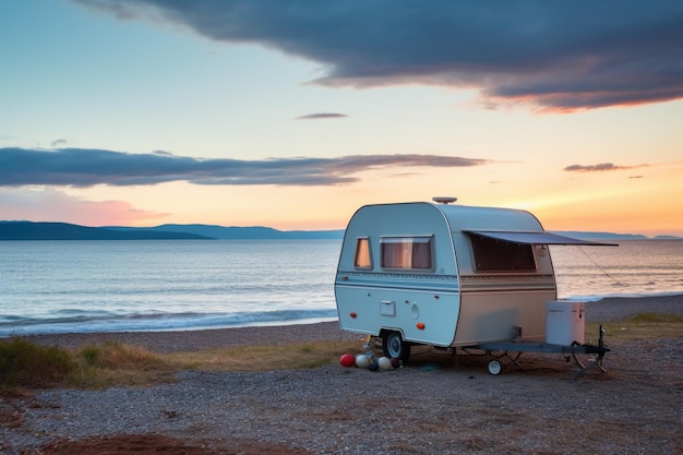 Caravan am Sonnenuntergang auf einem ruhigen Strand geparkt