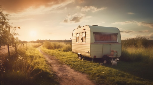 Una caravana aparcada en un camino de tierra con una puesta de sol de fondo.
